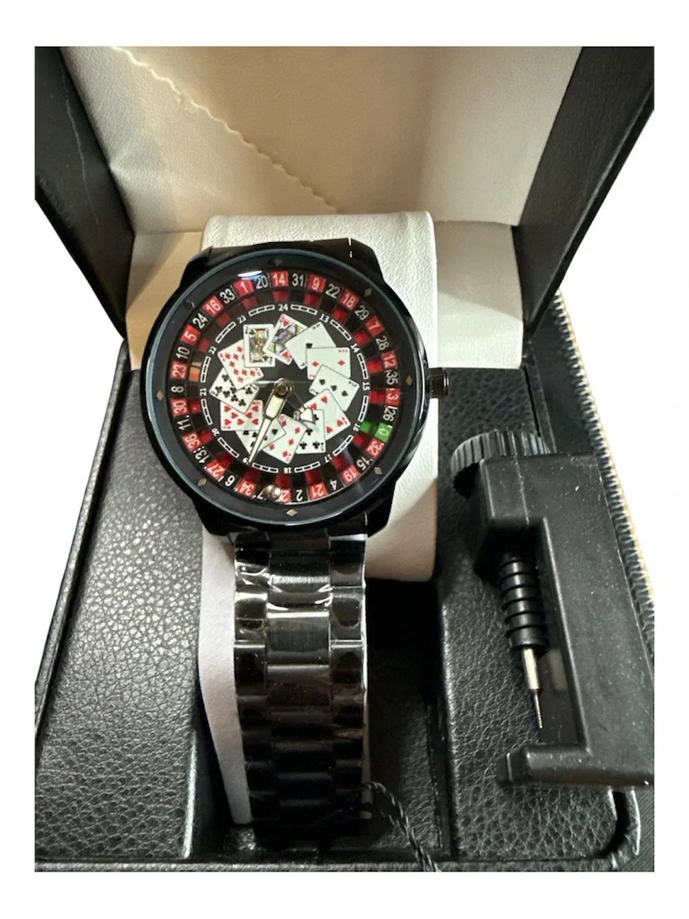 Men's Casino-Themed Black Stainless Wristwatch